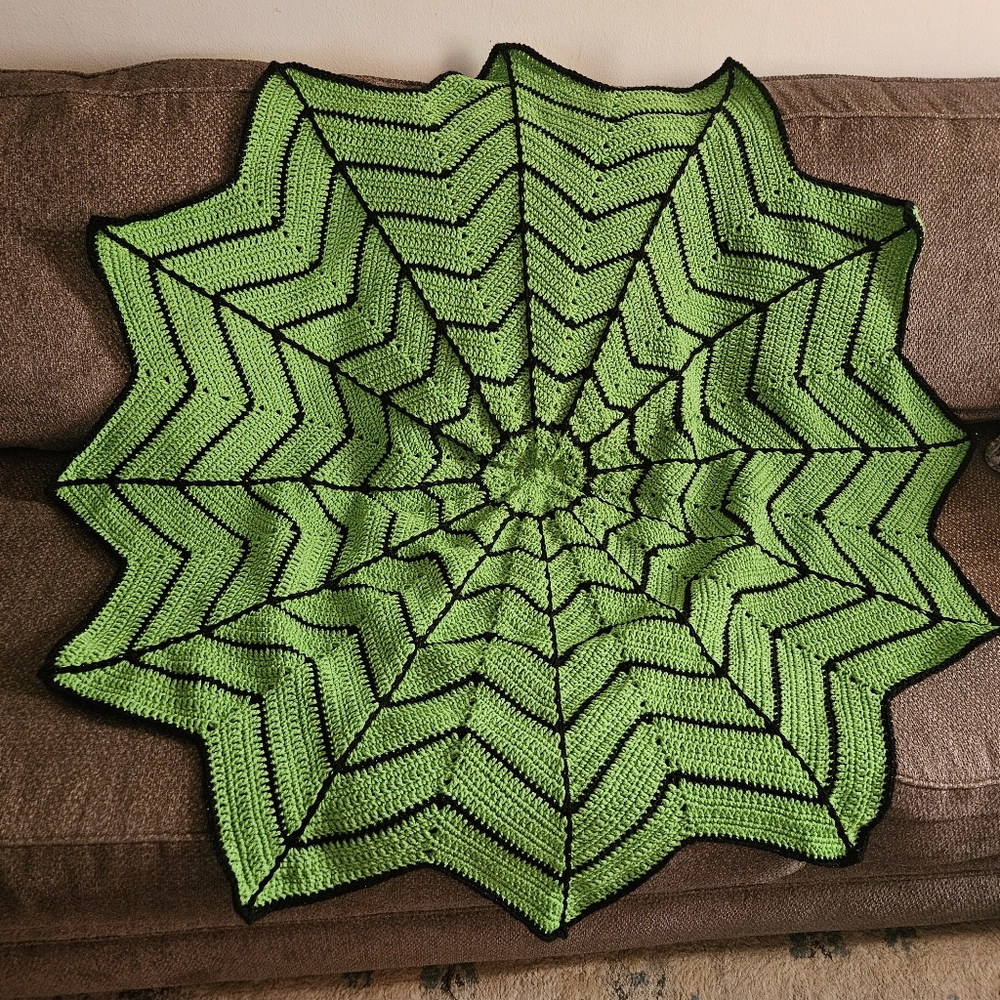 Hand Made Green and Black Spiderweb Crochet Blanket